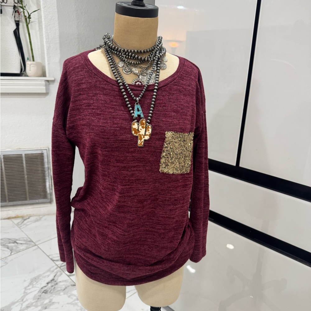Elegant Maroon Sweatshirt with Gold Sequin Accent